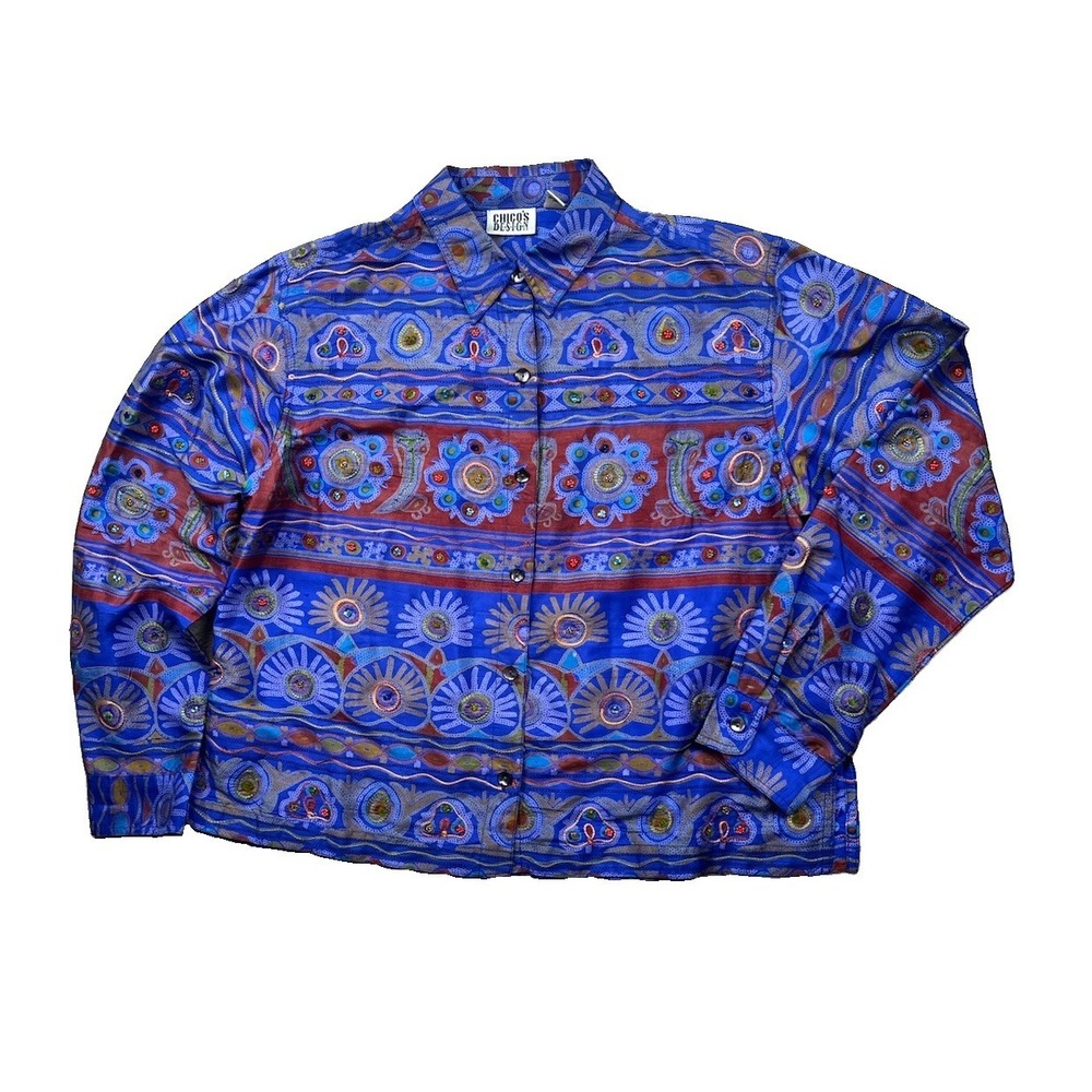 Chico's Shirt Blouse Women's Size Medium 100%‎ Silk Beaded Embroidered Geometric